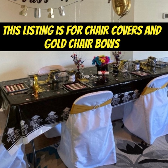 6 Chair Covers & 10 gold chair bows New Year’s Eve wedding graduationEtc